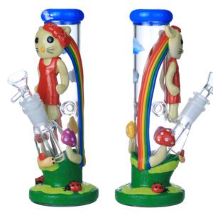 HEAVY ART HELLO KITTY WITH MUSHROOMS STRAIGHT GLASS WATERPIPE 9"