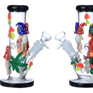 HEAVY ART GLOW IN THE DARK FROG MUSHROOMS STRAIGHT GLASS WATERPIPE 9"
