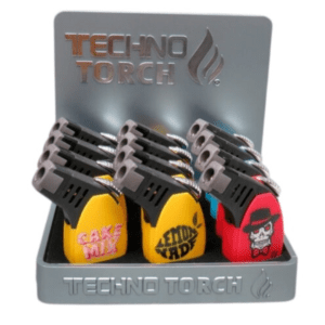 TECHNO TORCH SLANT DESIGN LIGHTER ASSORTED DESIGN - DISPLAY OF 12