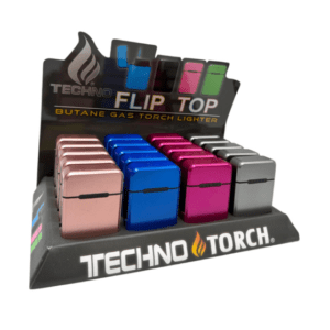 TECHNO TORCH FLIP TOP LIGHTER METALIC COLORS - DISPLAY OF 20