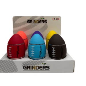 AMERICAN FOOTBALL SHAPED RUBBER FINISHED 4-PARTS GRINDER - DISPLAY OF 6