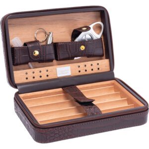 8" BROWN VEGAN LEATHER CIGAR CEDAR BOX (HOLDS 4 CIGARS)