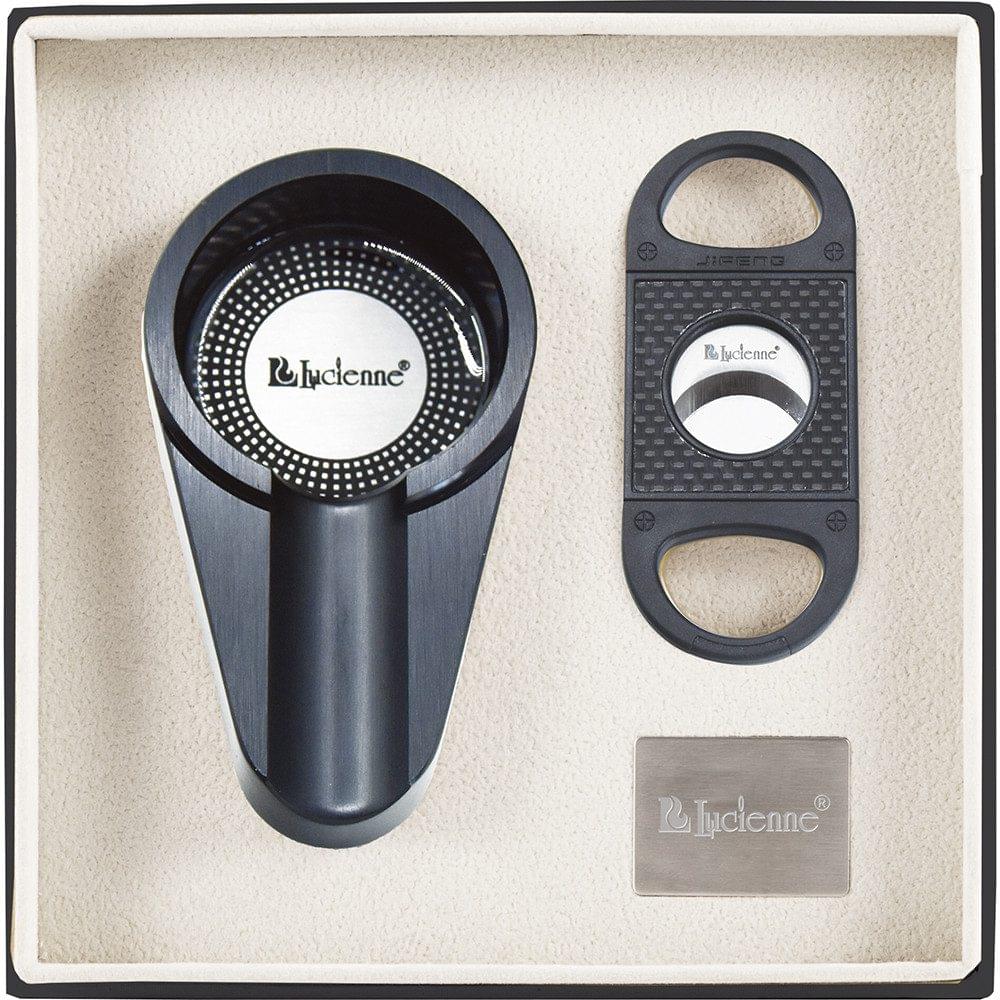 LUCIENNE BLACK METALLIC CIGAR CUTTER & ASHTRAY SET