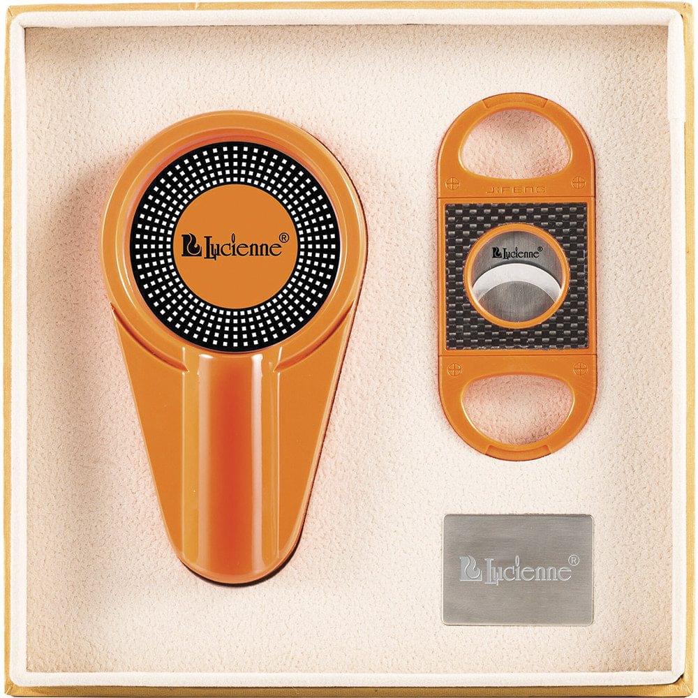 LUCIENNE ORANGE METALLIC CIGAR CUTTER & ASHTRAY SET