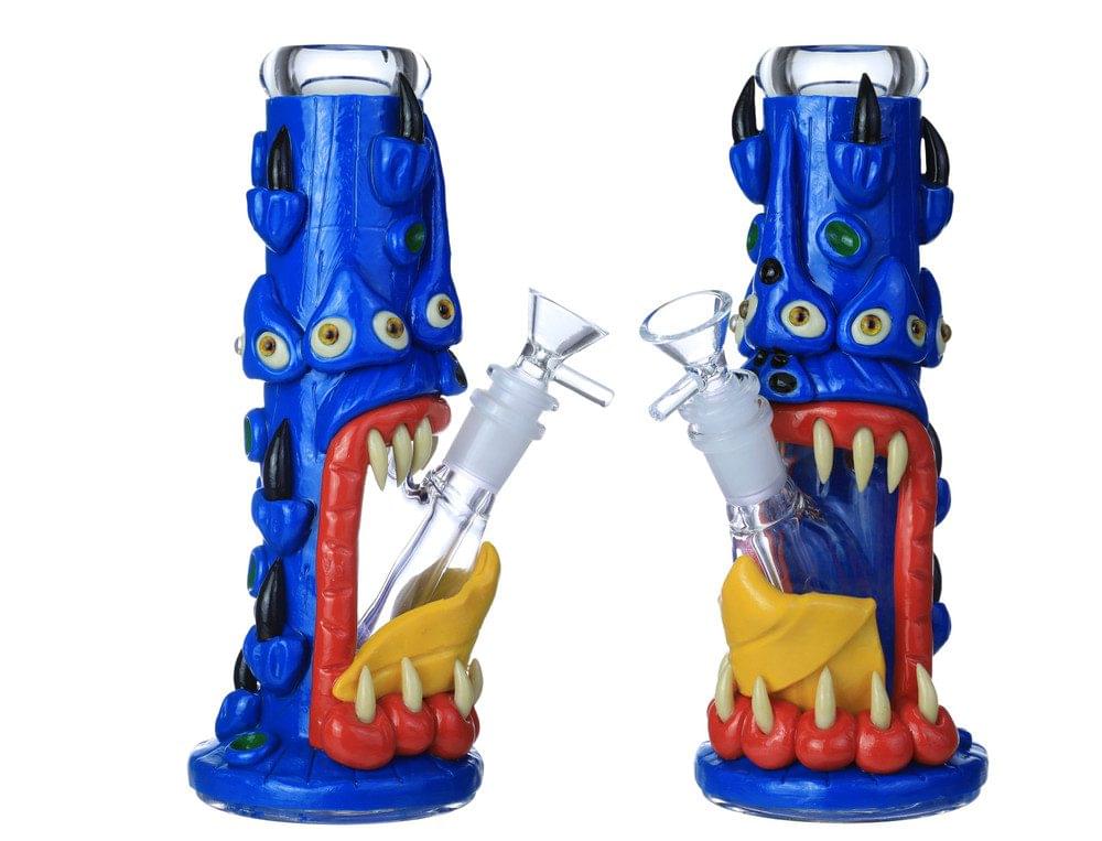 HEAVY ART GLOW IN THE DARK MONSTER STRAIGHT GLASS WATERPIPE 9"