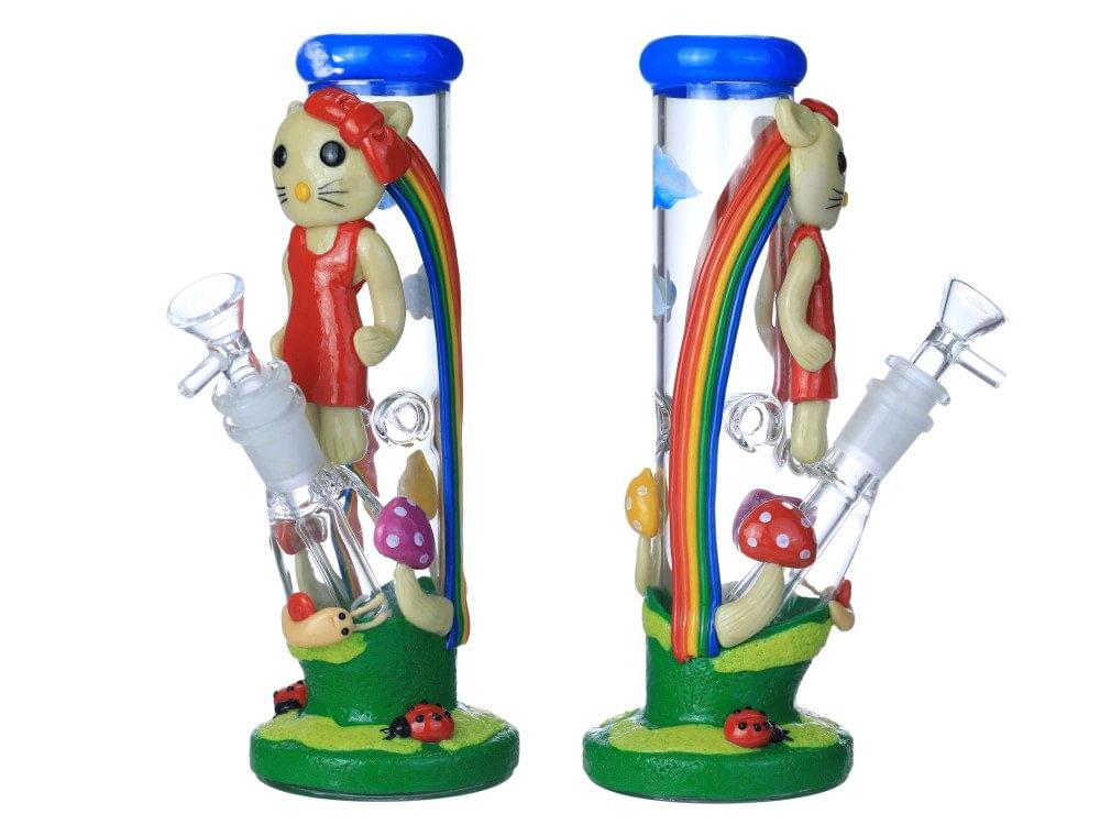 HEAVY ART HELLO KITTY WITH MUSHROOMS STRAIGHT GLASS WATERPIPE 9"