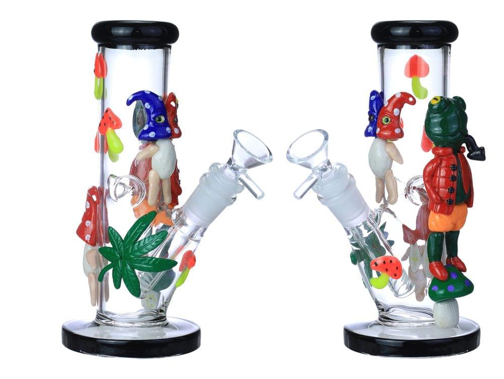 HEAVY ART GLOW IN THE DARK FROG MUSHROOMS STRAIGHT GLASS WATERPIPE 9"