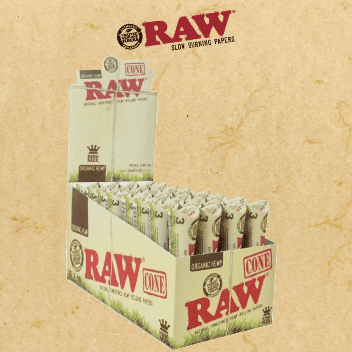 RAW ORGANIC CONES KING SIZE DISPLAY - 32CT