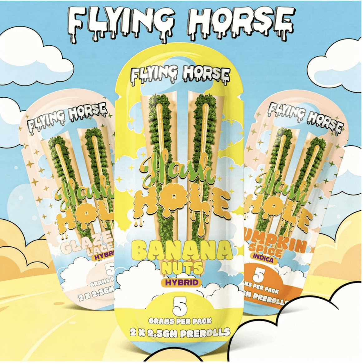 FLYING HORSE THC-P BLEND 2.5G X 2-PACK HASH HOLE PRE ROLLS - DISPLAY OF 5