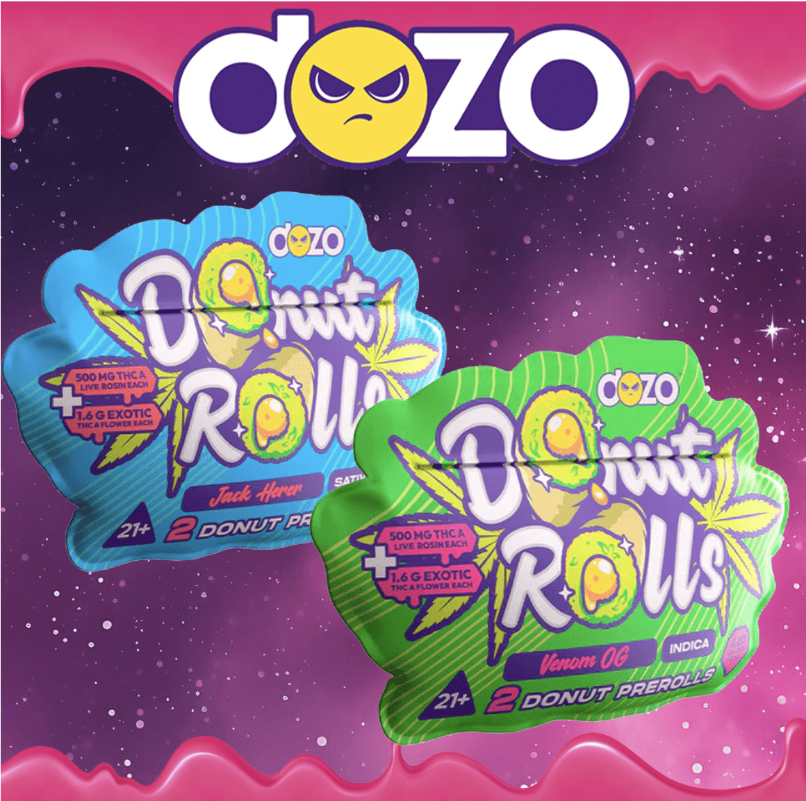 DOZO DONUT ROLLS 4.2G THC-A LIVE ROSIN 2-PACK PRE ROLLS - DISPLAY OF 5