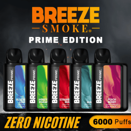 BREEZE SMOKE PRIME EDITION (ZERO NICOTINE) DISPOSABLE VAPE 10ML 6000 PUFFS - DISPLAY OF 5