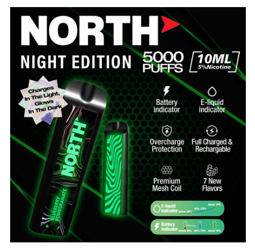 NORTH NIC 5% RECHARGEABLE DISPOSABLE 10ML 5000 PUFFS (NIGHT EDITION) - DISPLAY OF 10