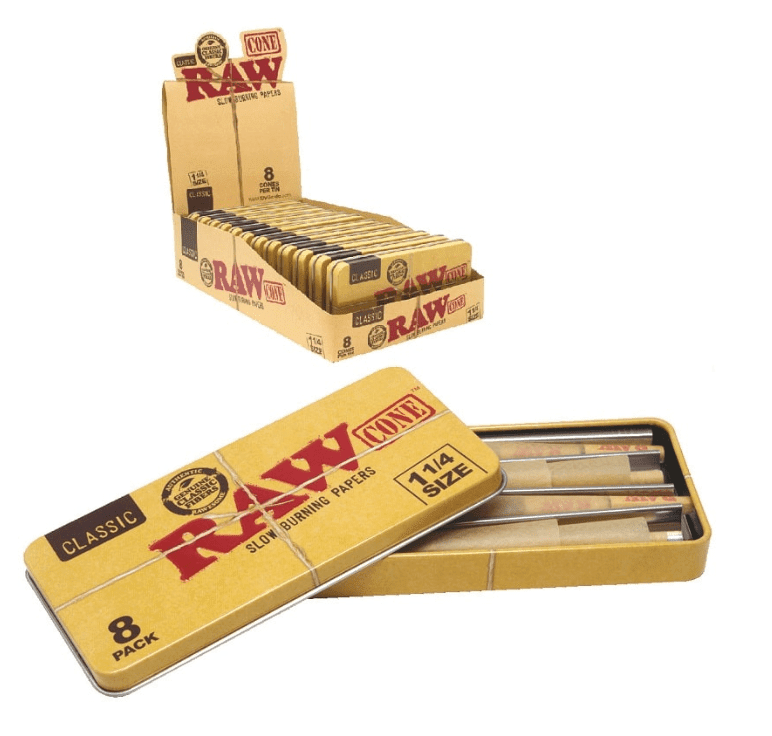 RAW METAL TIN 8-PACK CONES 1 1/4 SIZE - DISPLAY OF 12
