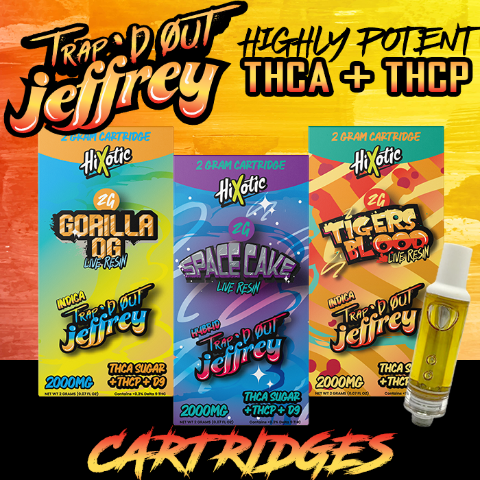 HIXOTIC - TRAP'D OUT JEFFREY: THCA SUGAR + THCP + D9 LIVE RESIN 2G CARTRIDGE - DISPLAY OF 5