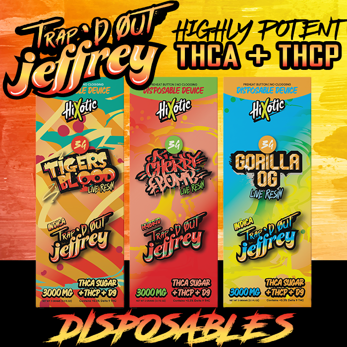 HIXOTIC - TRAP'D OUT JEFFREY: THCA SUGAR + THCP + D9 LIVE RESIN 3G DISPOSABLE - DISPLAY OF 5