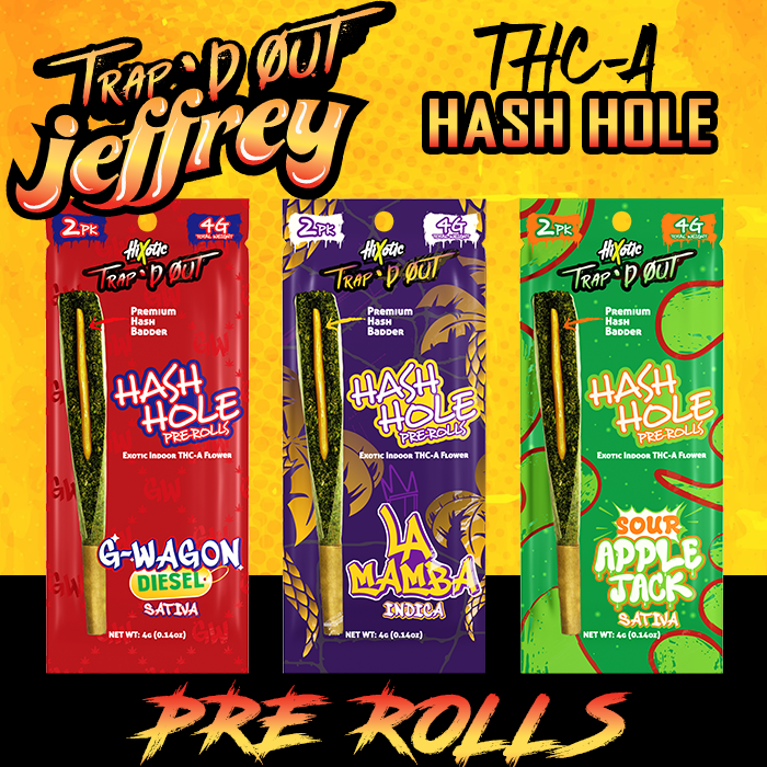 HIXOTIC TRAP'D OUT EXOTIC THC-A HASH HOLE 2G X 2-PACK PRE ROLLS - DISPLAY OF 10